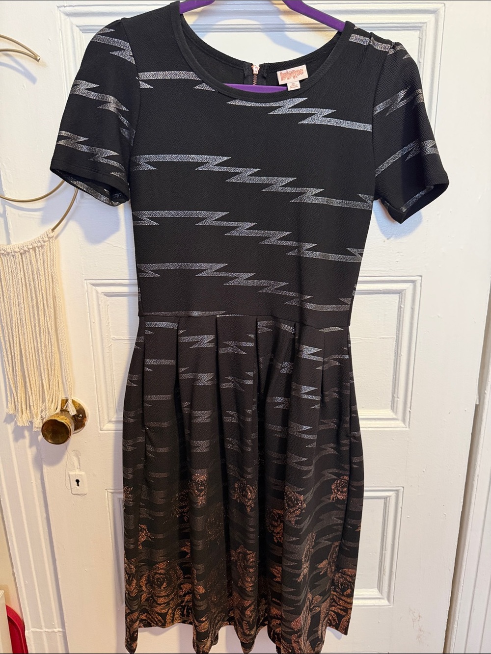 Women’s Black LuLaRoe Amelia Dress with Metallic Lightning Detail